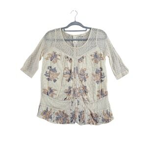 Meadow Rue Anthropologie Blouse Womens M Ivory Floral Lace Mesh Pointelle Top